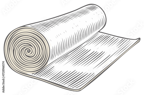 Medical bandage roll unrolling in a detailed vintage engraving line art illustration