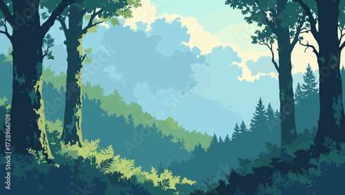 Cloud forest ridge with moss-draped trees and low cloud spilling through a fern understory, no people