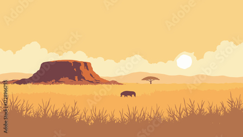 Golden savannah with solitary termite mounds rising above rippling grass under vast sky, no people