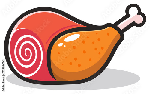 Ham and Chicken Leg Illustration Food Still Life with Bone and Meat Isolated