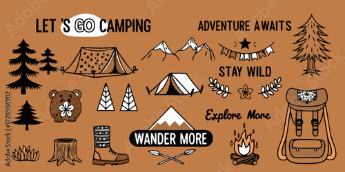 Whimsical hand drawn camping elements with inspiring outdoor adventure sayings