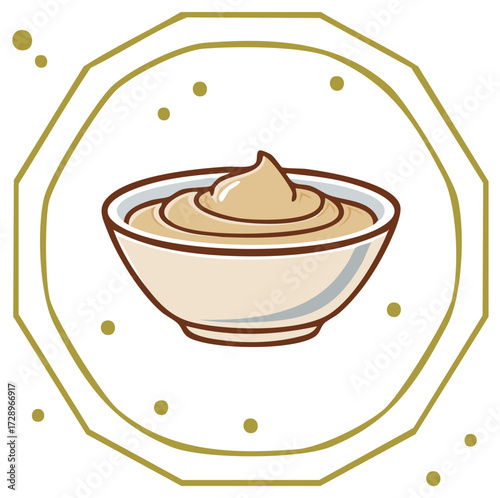 Bowl of creamy food dip or sauce like hummus in a decorative geometric frame icon
