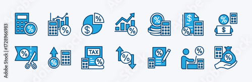 Set of tax calculation icon. Contains income, form, reports, amnesty, discount, percent, currency, salary, financial document, chart up, payment, data analysis, accounting, refund. Vector illustration