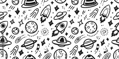 Whimsical hand drawn black and white space pattern with rockets planets stars and ufos