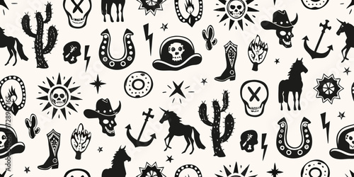 Whimsical western pattern with skulls cacti horseshoes and cowboy boots