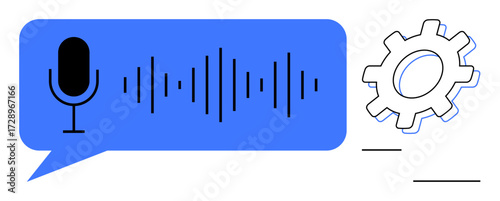 Microphone inside chat bubble with sound waves and gear representing voice input, processing, and automation. Ideal for communication, AI, technology, innovation, automation, speech recognition