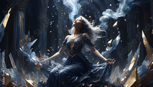A cosmic scale hanging in the void—golden joy radiates as solar flares, indigo sorrow pools as black oceans, silver silence glows as frozen starlight. 