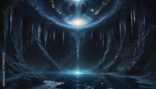 A cosmic scale hanging in the void—golden joy radiates as solar flares, indigo sorrow pools as black oceans, silver silence glows as frozen starlight. 