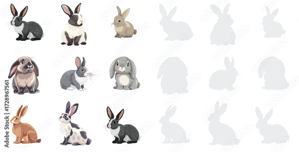 Naklejka premium Rabbit breeds set vector illustration collection of domestic rabbits and cute bunnies, pet animals isolated on white background