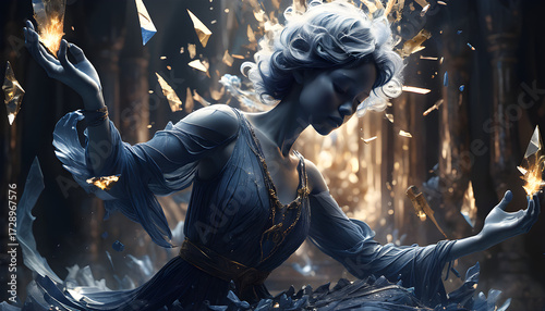 A cosmic scale hanging in the void—golden joy radiates as solar flares, indigo sorrow pools as black oceans, silver silence glows as frozen starlight. 