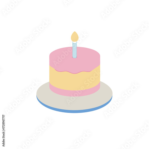 Pink and yellow birthday cake with candle