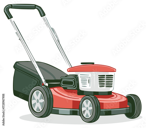 Illustration of a Red and Black Lawn Mower with Grass Catcher for Yard Care