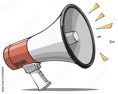 Cartoon vector illustration of a red and white megaphone shouting a loud announcement for a protest or alert