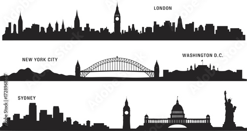 London skyline, New York City skyline, Washington DC landmarks, Sydney cityscape, famous architecture silhouettes, urban skyline illustration, cad drawing flat vector illustration