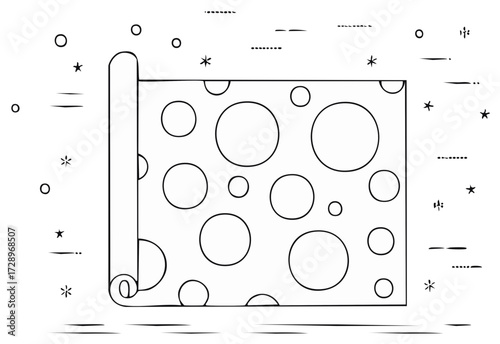 Simple outline illustration of a partially unrolled polka dot banner with various sized circles and surrounding celebratory elements.