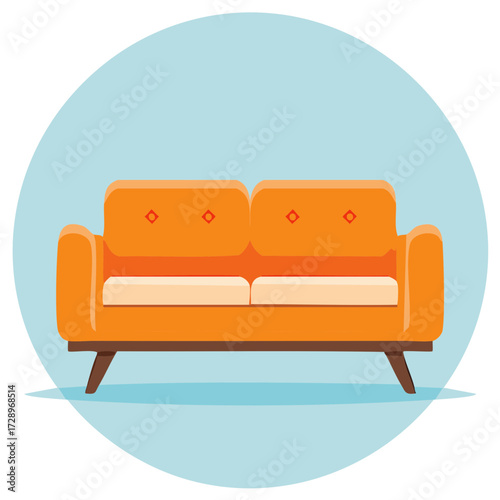 Stylized orange couch with light blue circle backdrop furniture icon illustration apartment living room sofa seats and cushions