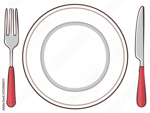 Place setting with white plate, fork, and knife, illustrating dining etiquette and food service arrangements.