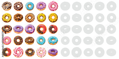 Donut set vector illustration collection of sweet glazed doughnuts with chocolate, icing, sprinkles, frosting and cream isolated on white background