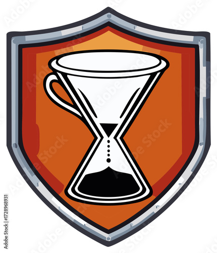 Stylized coffee hourglass hybrid icon on an orange shield emblem with a metallic border