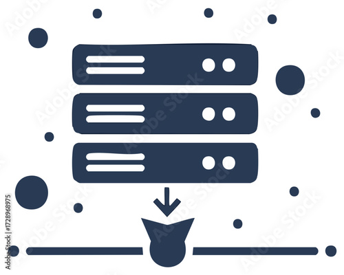 Data center server hosting with arrow and database icon showing cloud connection synchronization