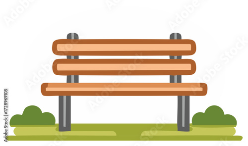 Empty wooden park bench on green grass, simple flat design illustration for outdoor and recreation concepts