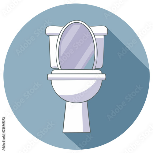 Toilet bowl bathroom fixture cartoon illustration with flat design shadow on blue circle