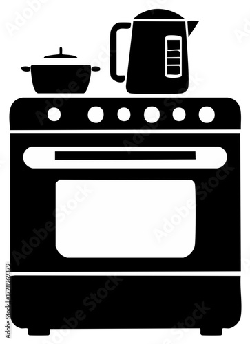Black icon of a kitchen stove with a cooking pot and an electric kettle