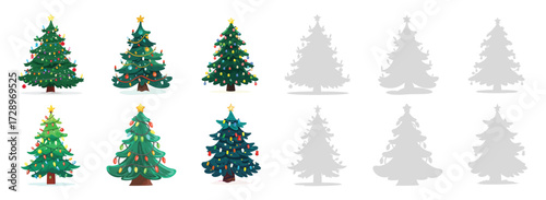 Christmas tree collection with decorated holiday pines, festive ornaments, winter seasonal elements, xmas evergreen clipart set for celebration and decoration design