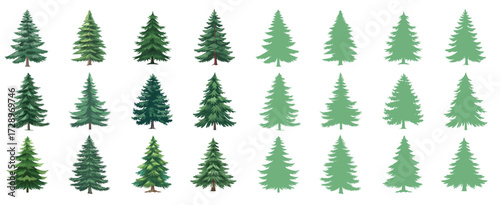 Christmas tree collection with decorated holiday pines, festive ornaments, winter seasonal elements, xmas evergreen clipart set for celebration and decoration design