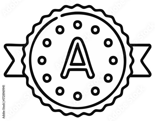 Simple illustration of a medal or badge with the letter A in the center and a ribbon.
