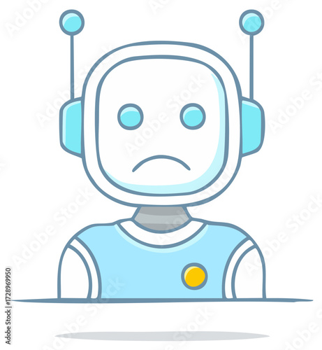 Sad robot character with blue accents and antennas, conveying disappointment or malfunction