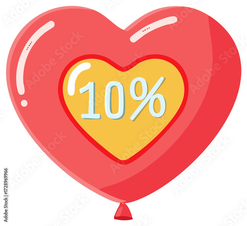 Red heart shaped balloon with ten percent discount sign for Valentines Day sale