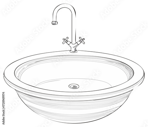Line art illustration of bathroom sink and faucet fixture for domestic use