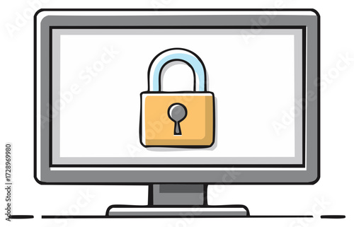 Computer security concept with padlock on screen, vector illustration