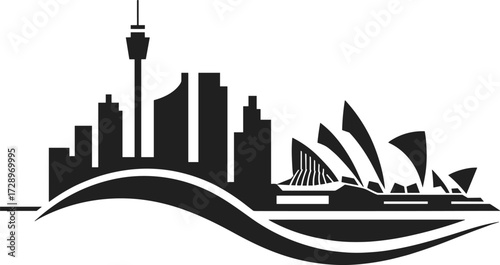 Sydney city skyline silhouette, opera house landmark, modern architecture, urban building landscape, black white design, cad drawing flat vector illustration
