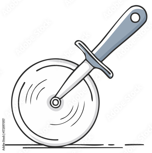 Elegant illustration of a pizza cutter wheel with a sharp circular blade. Modern kitchen utensil for quick food preparation and serving.