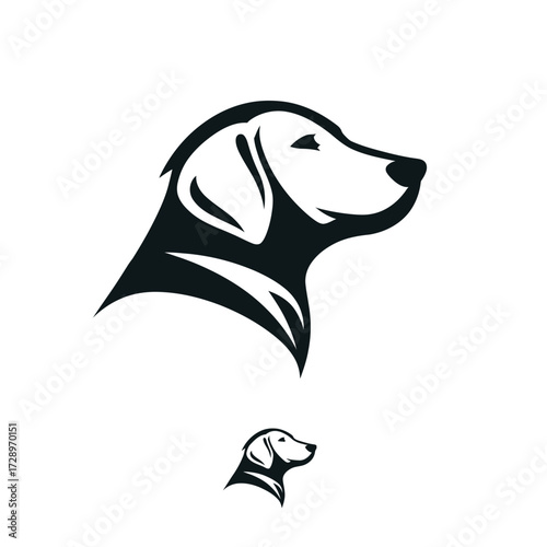 A stylized black and white graphic of a dog's head in profile, also appears smaller below