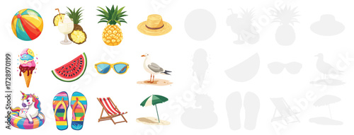 summer beach vacation vector set with tropical fruits, ice cream, sunglasses, flip flops, beach ball, umbrella, seagull and holiday elements