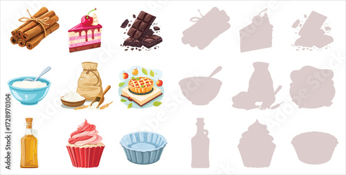 Baking ingredients and dessert set vector illustration collection of cinnamon, chocolate, flour, sugar, oil, yogurt, pie, cupcake, cake slice, baking mold isolated on white background