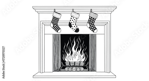 Hand drawn fireplace with burning logs and christmas stockings