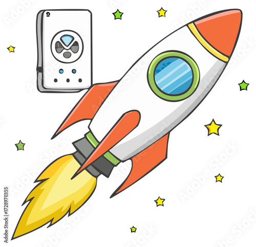 Cartoon Rocket Ship Launching With Satellite and Stars in Space