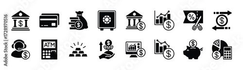 Banking icon set. Contains bank, money, savings, currency, safe, data analysis chart, ATM card, interest deduction, transfer, customer service, deposit, calculate finance, profit. Vector illustration
