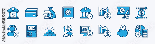 Banking icon set. Contains bank, money, savings, currency, safe, data analysis chart, ATM card, interest deduction, transfer, customer service, deposit, calculate finance, profit. Vector illustration