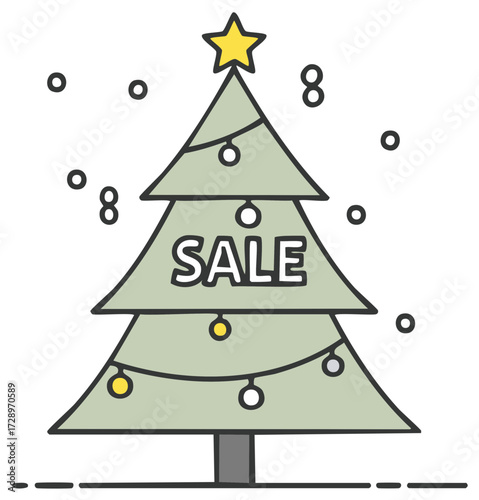 Festive Christmas tree with star and sale banner, decoration and snow dots design element.