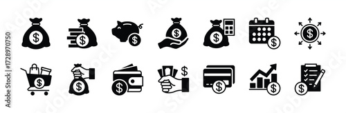 Budget icon vector set. Budgeting, financial management, money, savings, loan, monthly shopping calendar, calculation, growth graph, check, list, wallet, debt, debit card, investment - illustration
