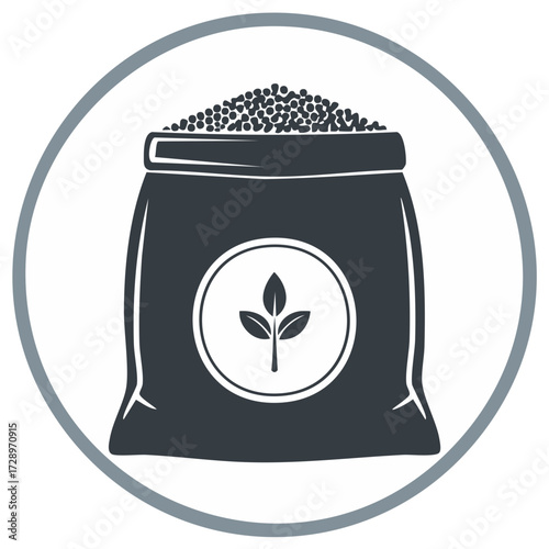 Flat design icon of an open bag of seeds or fertilizer with a plant sprout symbol