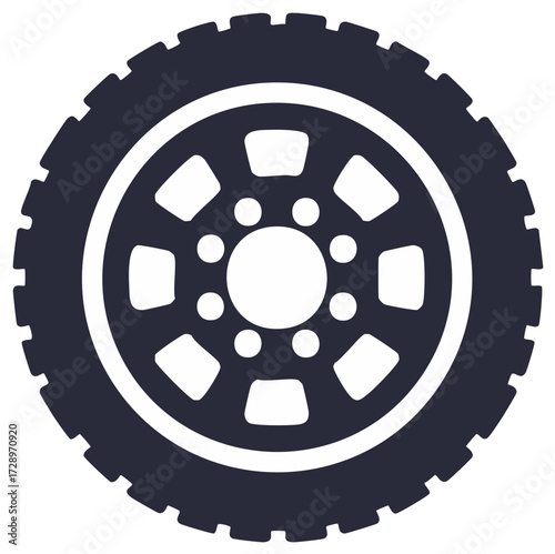 Dark Car or Truck Wheel Featuring Deep Tread Pattern and Simple Design on White, Symbolizing Automotive Transport and Off Road Adventure