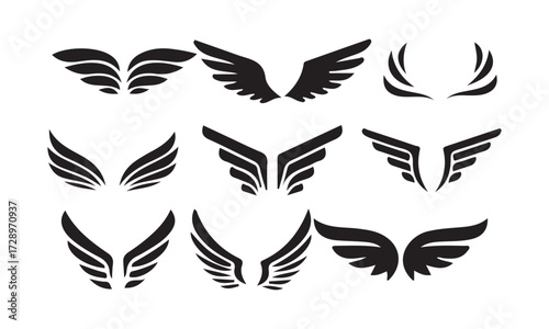 black wings badge set. Bird wings, angel wings elements. Aviation pilot patch badge. Heraldic vintage army insignia emblem falcon phoenix hawk. vector illustration eps 10