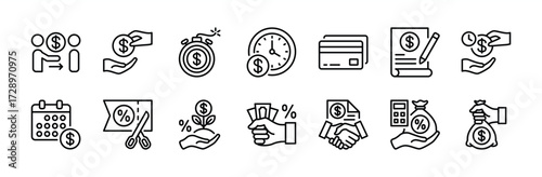 Credit thin line icon set. Contains loan, financing, lender, time limit, card, money contract agreement, deadline, calculation, timetable, refund calendar schedule, interest fund reduction - vector