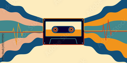 Retro cassette tape with abstract sound waves and colorful flowing patterns, symbolizing music and audio technology.